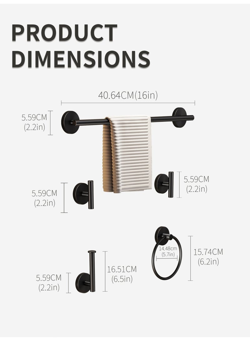 جيني جار مجموعة ملحقات الحمام لحامل المناشف: 5 قطع من أدوات الحمام باللون الأسود غير اللامع - حامل مناشف مثبت على الحائط وحامل ورق تواليت وحلقة مناشف وخطاف مناشف - Image 5